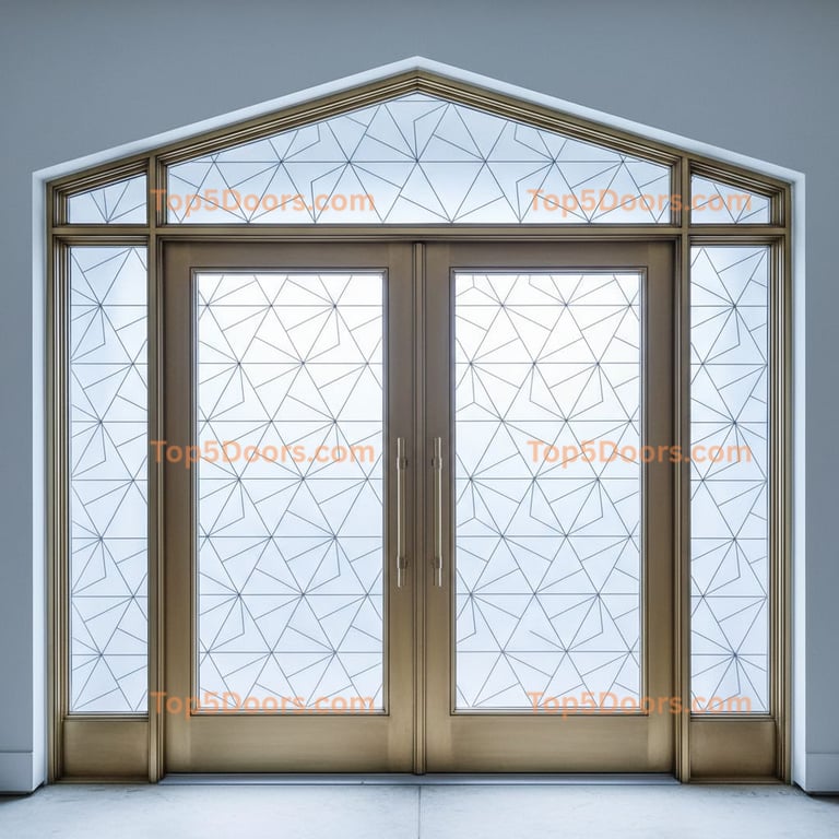 Geometric Double Door With Bronze Frame and Arched Transom Window