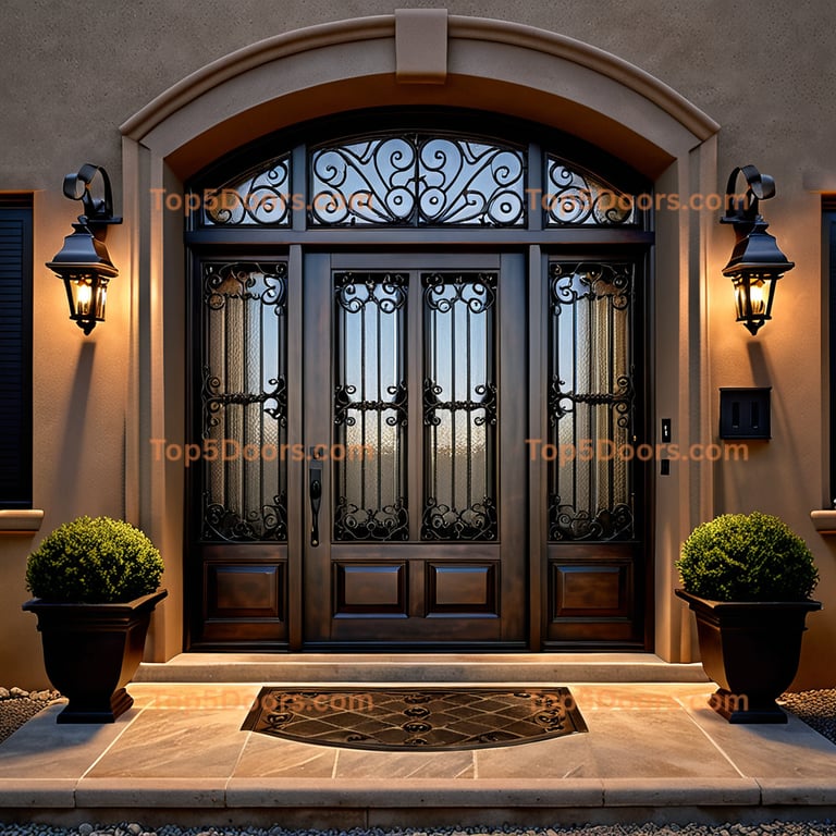 Arched Mediterranean Double Door With Wrought Iron and Stone Frame