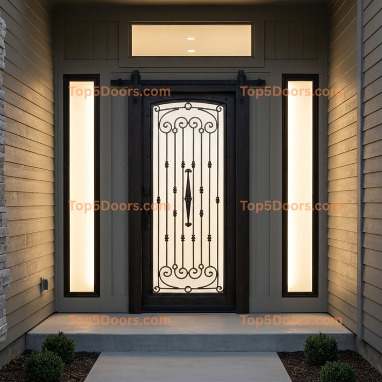 Dark Wood Barn Door With Wrought Iron Grille and Frosted Glass