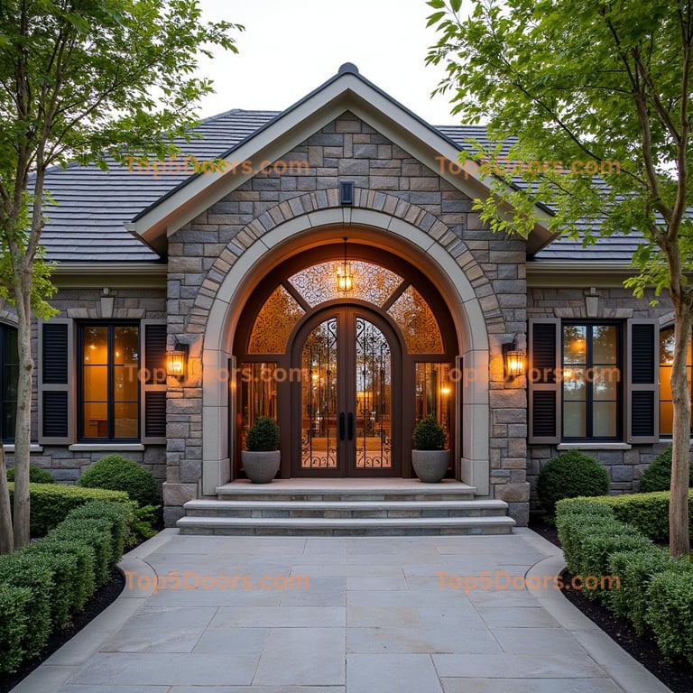 Wooden Arched Entrance with Wrought Iron