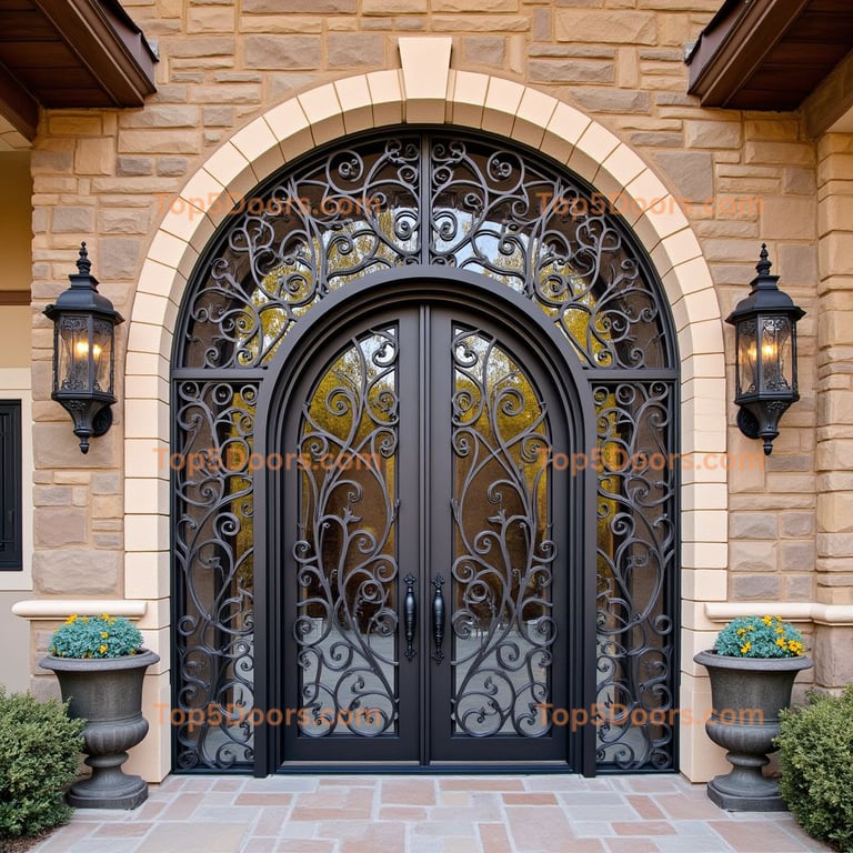 Wrought Iron and Glass Double Arched Door