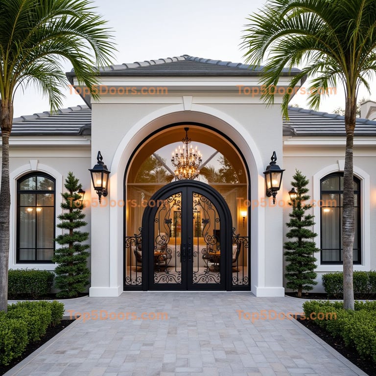 Wrought Iron Double Door with Arched Opening