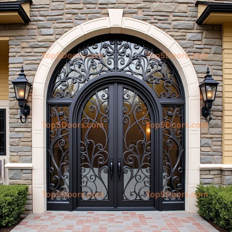 Wrought Iron Double Door with Arched Transom