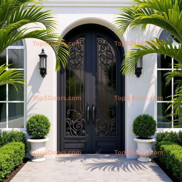 Ornate Wrought Iron Double Door With Arched Top and Glass Panels 1