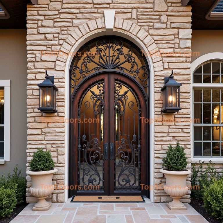Wrought Iron Double Door with Stone Archway
