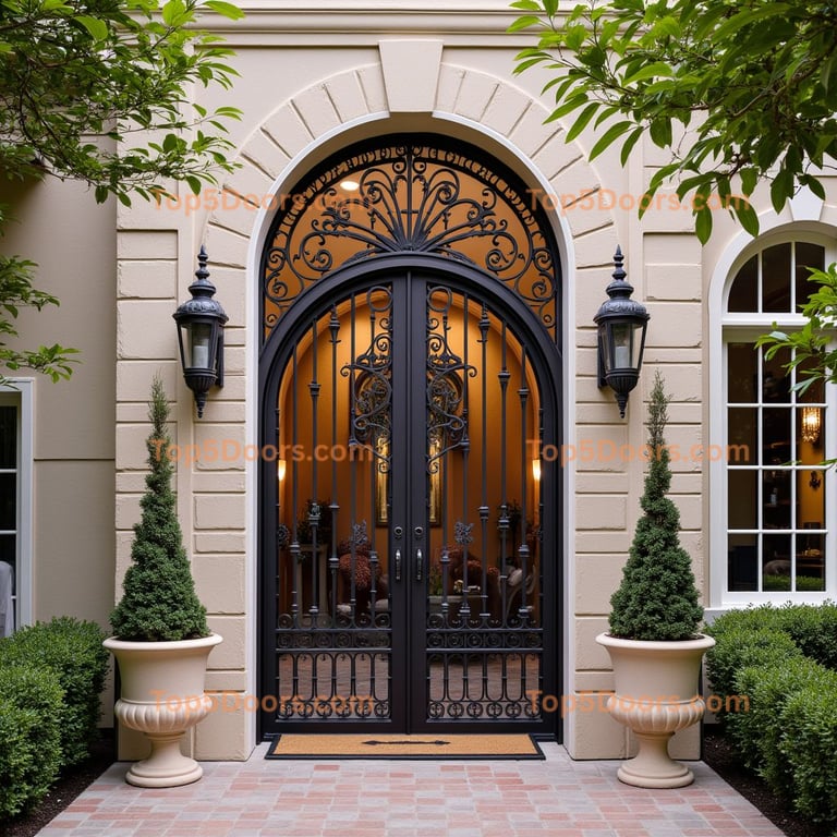 Wrought Iron Double Door with Stone Archway