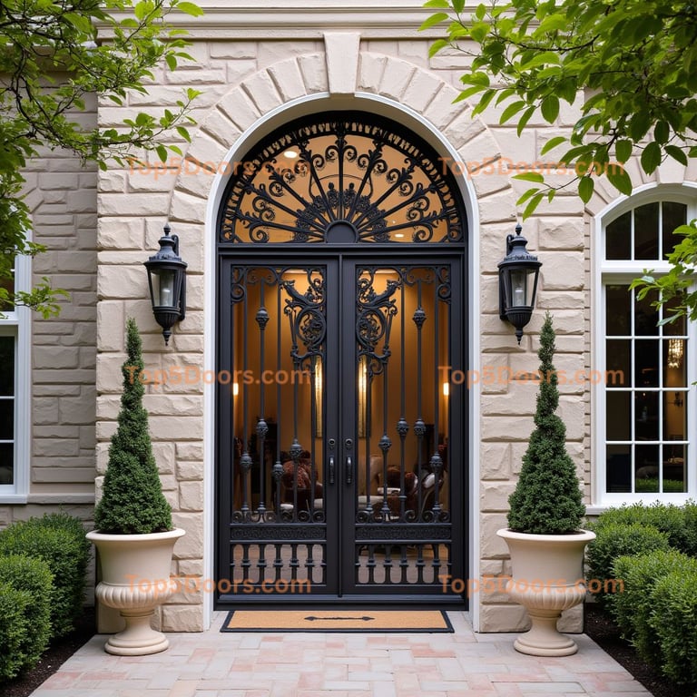 Wrought Iron Double Door with Stone Archway