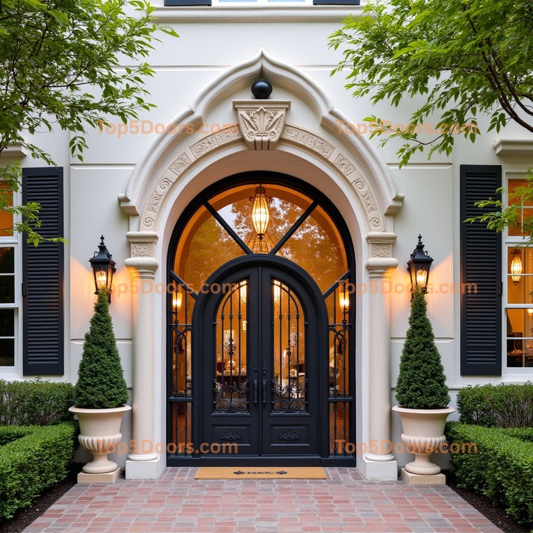 Wrought Iron Double Door with Arched Glass