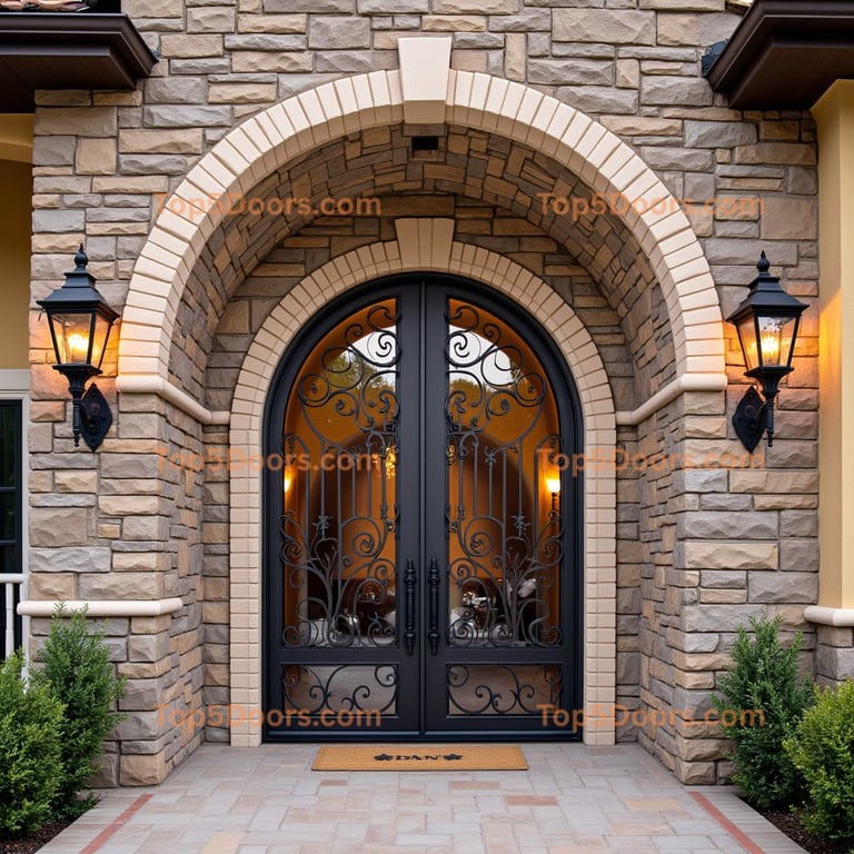 Wrought Iron Double Door with Arched Glass