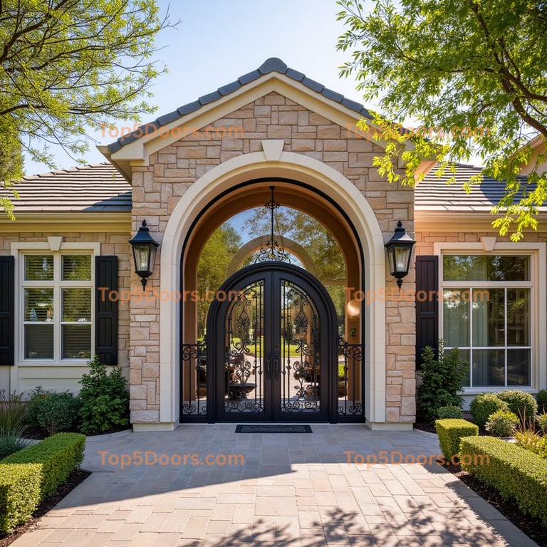 Wrought Iron Double Door with Arched Opening