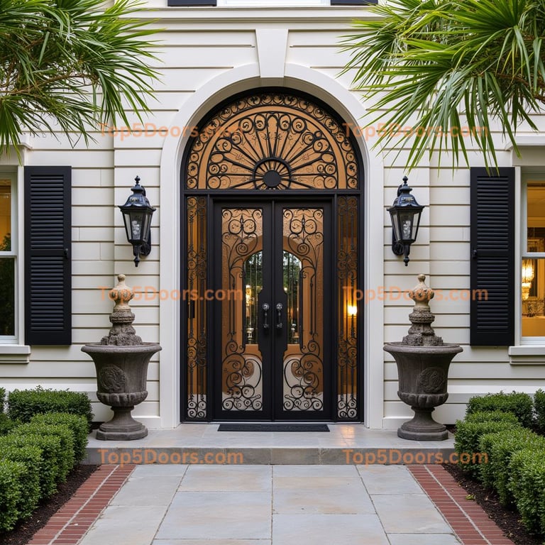 Wrought Iron Double Door with Arched Transom
