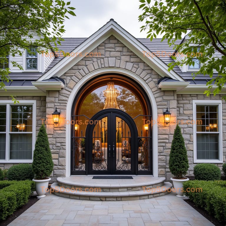 Wrought Iron Double Door with Arched Window
