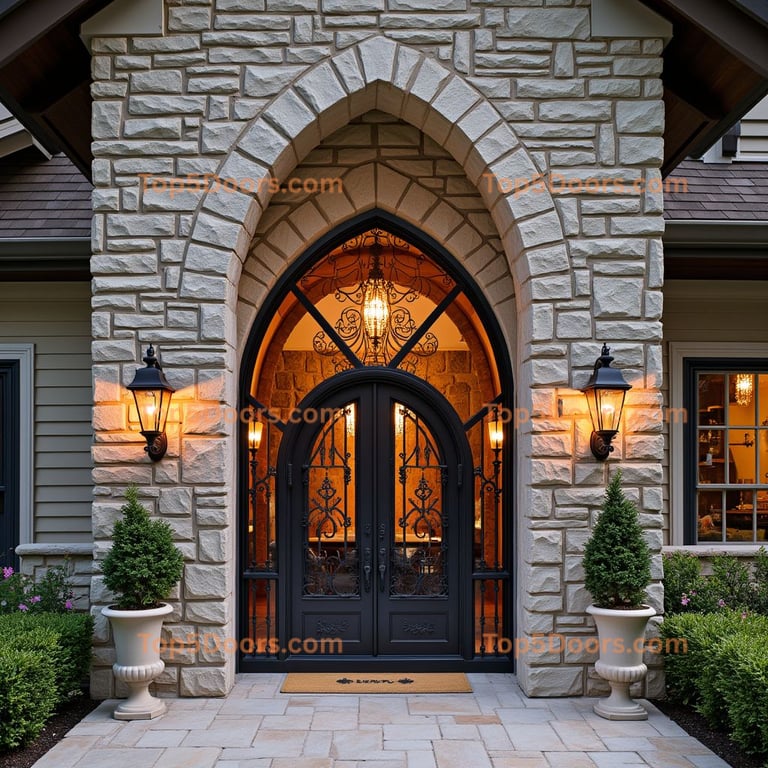 Wrought Iron Double Door with Arched Window