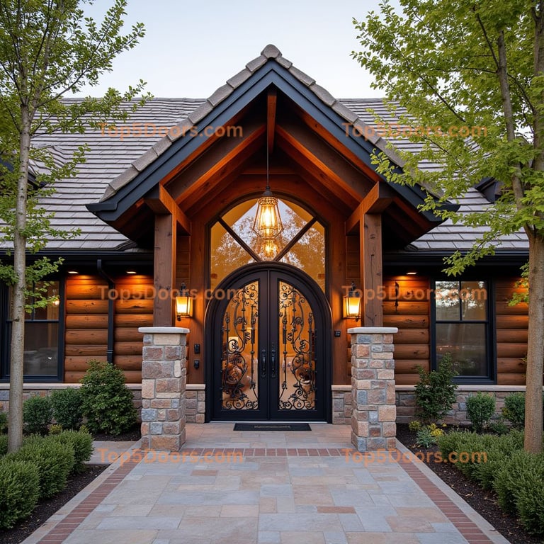 Wrought Iron Double Door with Arched Window