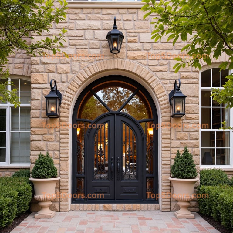 Wrought Iron Double Door with Arched Window
