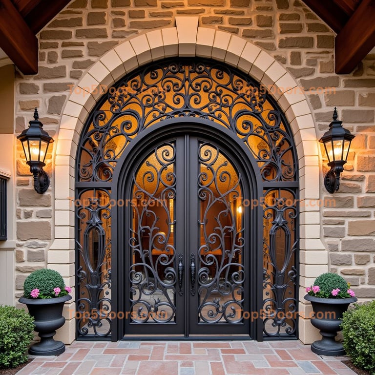 Wrought Iron Double Door with Arched Windows