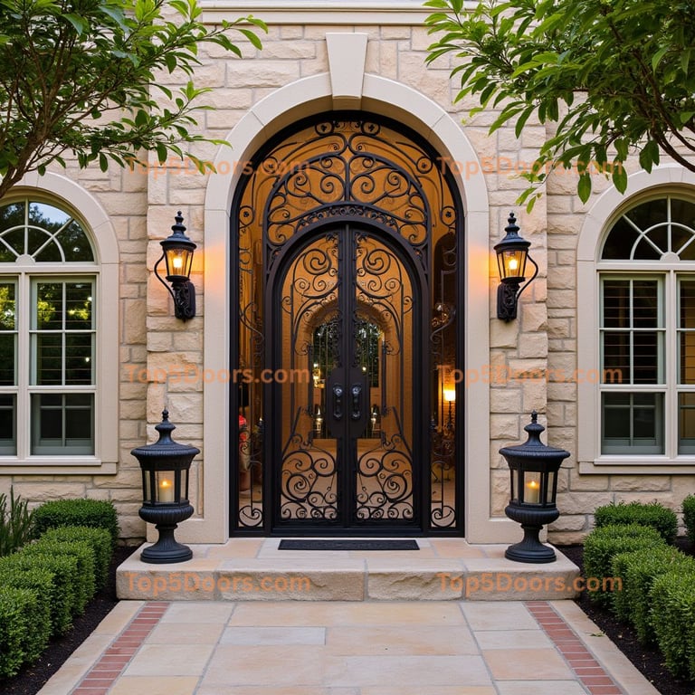 Wrought Iron Double Door with Arched Windows