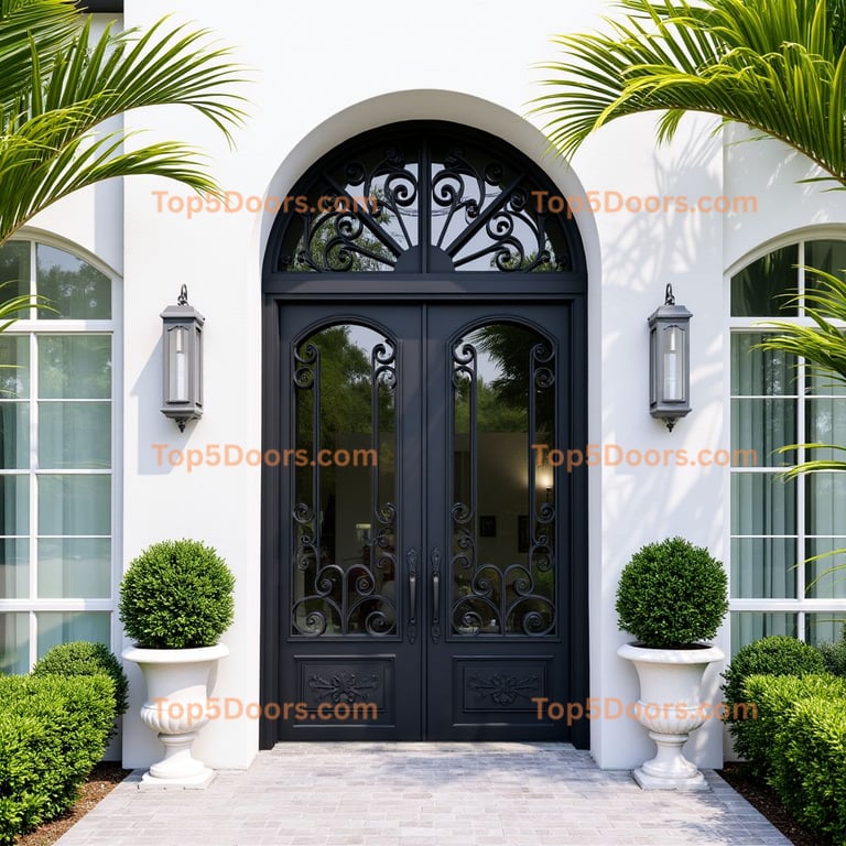Wrought Iron Double Door with Arched Windows