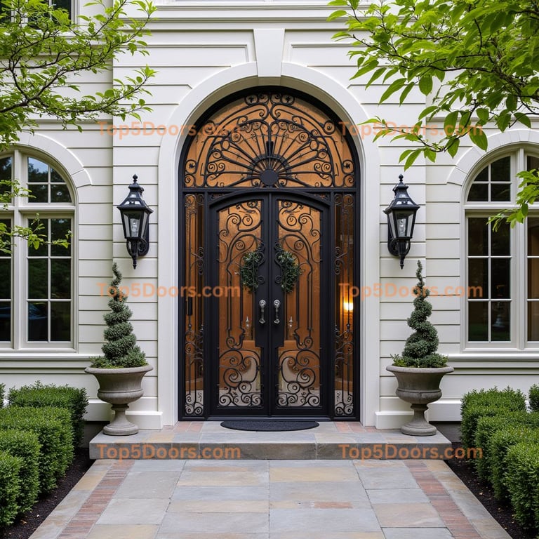 Wrought Iron Double Door with Lantern Sconces