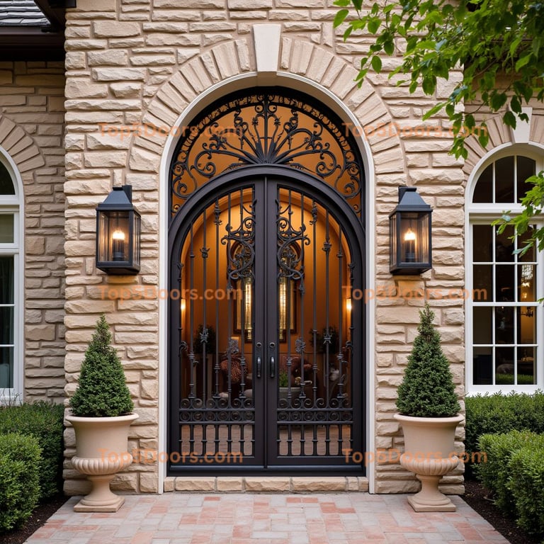 Wrought Iron Double Door with Lanterns