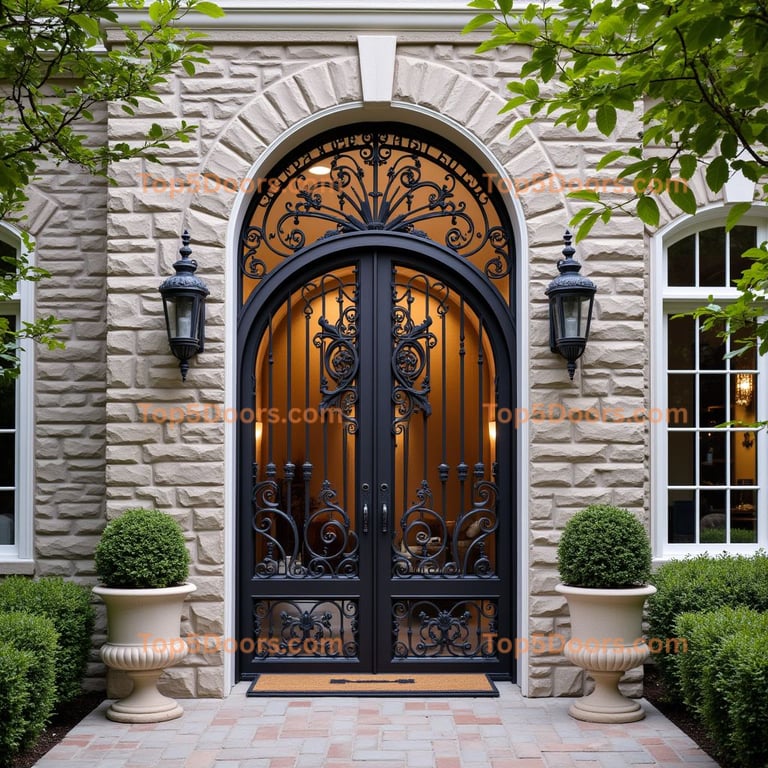 Wrought Iron Double Door with Lanterns