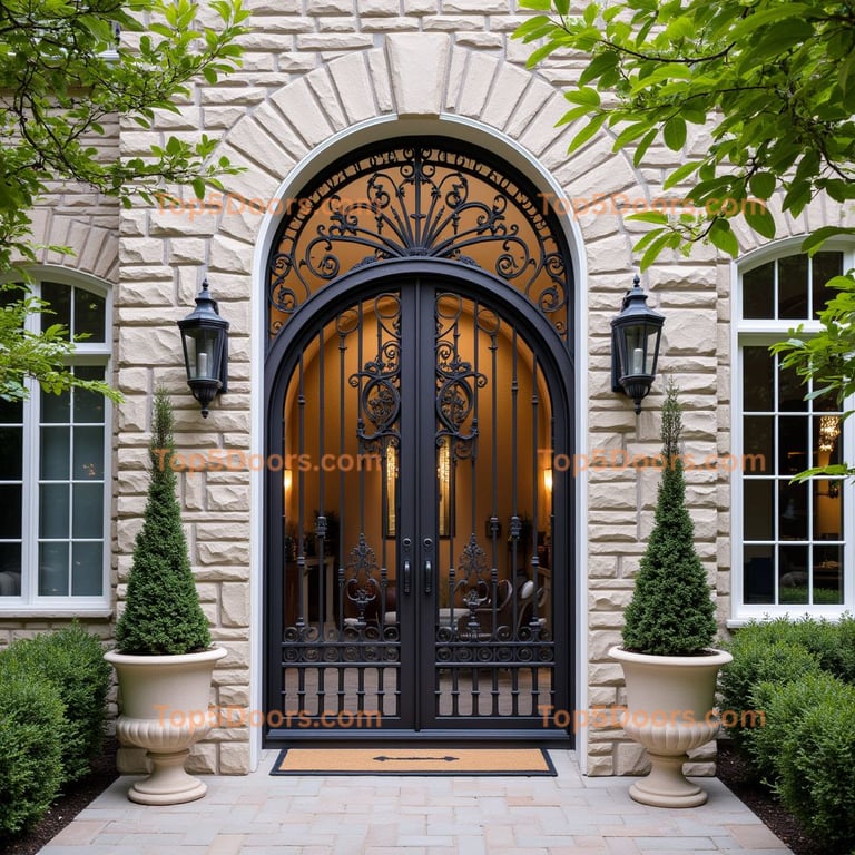 Wrought Iron Double Door with Lanterns