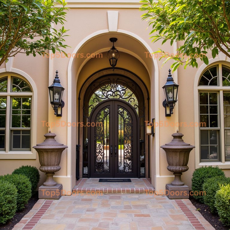 Wrought Iron Double Door with Lanterns