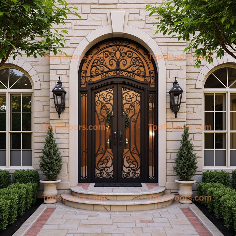 Wrought Iron Double Door with Textured Glass