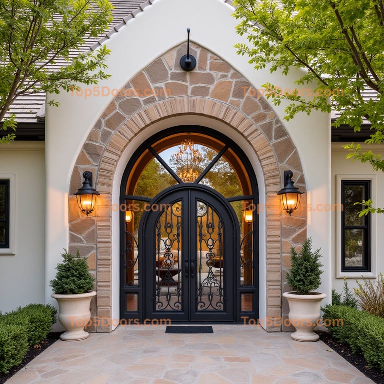 Wrought Iron Double Doors with Arched Windows