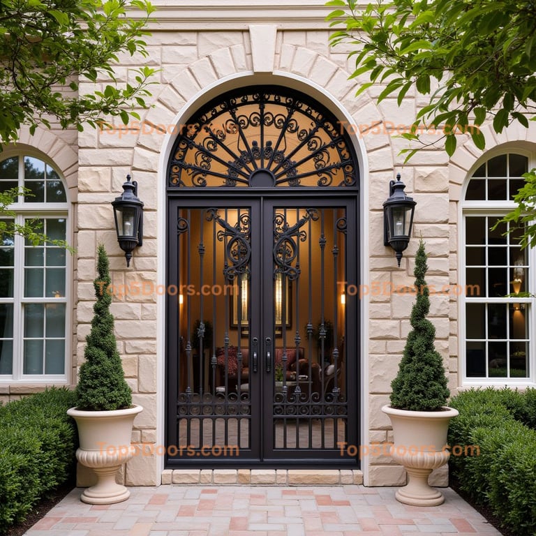 Wrought Iron Double Doors with Stone Archway