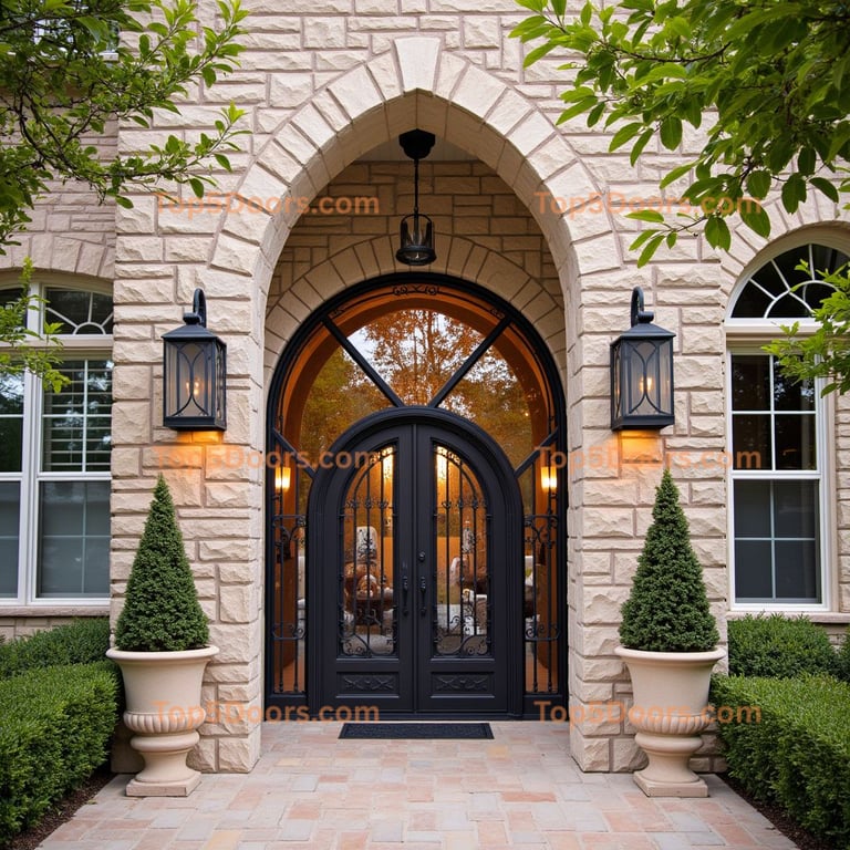 Wrought Iron Double Doors with Arched Window