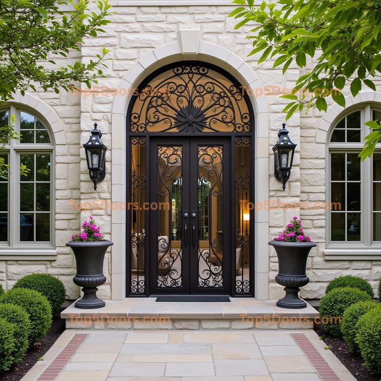 Wrought Iron Double Entry Doors with Floral Design