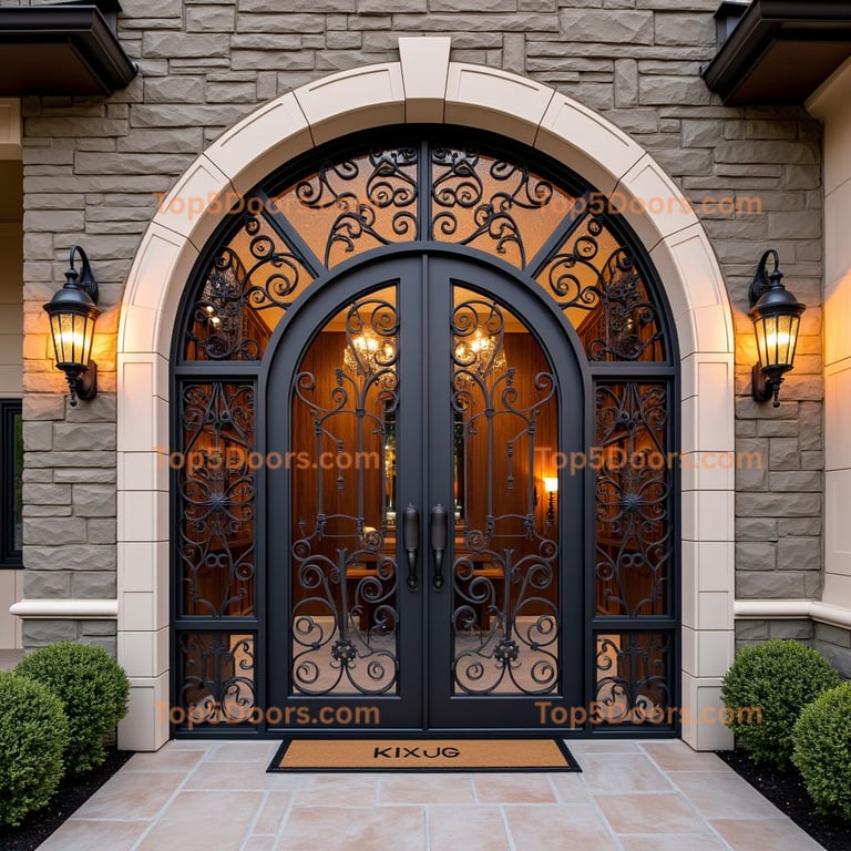 Wrought Iron Double Front Door with Floral Motifs