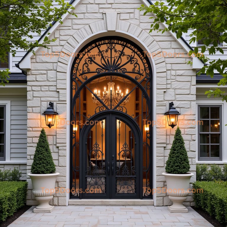 Wrought Iron Entrance with Lantern Sconces