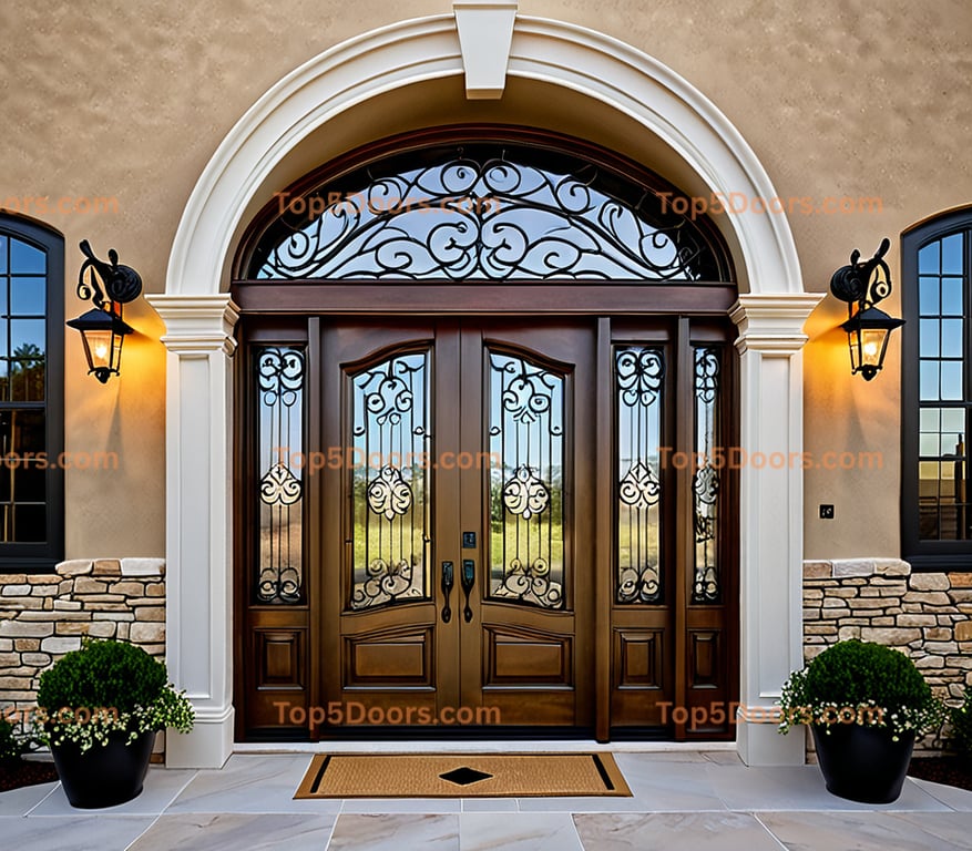 Ornate Double Front Door With Curved Transom and Black Metal Scrollwork