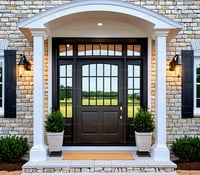 Elegant Dark Wood Front Door With Glass Panes and White Portico