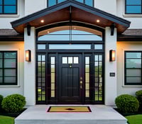 Modern Black Wood Door With Glass Panes, Brass Hardware, and Sidelights
