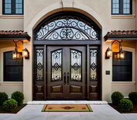 Grand Arched Double Doors With Wrought Iron Grilles and Sidelights