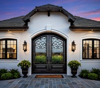 Arched Double Doors With Intricate Scrollwork Design and White Frame