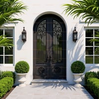 Arched Double Front Door With Decorative Ironwork and Glass Panels