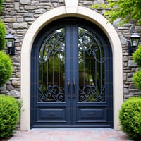 Arched Double Doors With Wrought Iron and Glass Panels 2