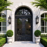Elegant Black Arched Double Doors With Iron Scrollwork and Keystone Detail