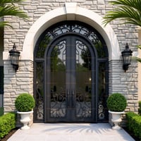 Arched Double Door With Black Ironwork and Stone Archway Entrance