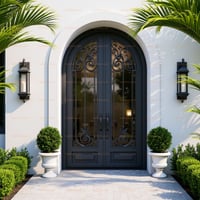 Arched Double Door With Dark Gray Ironwork and Glass Panels
