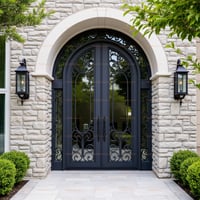 Arched Double Door With Ornate Ironwork and Stone Surround