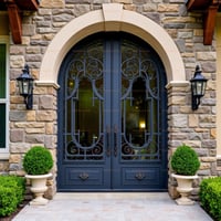 Arched Double Doors With Black Scrollwork, Ornate Handles, and Stone Facade