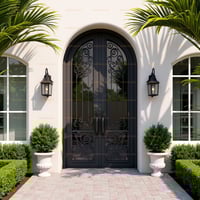 Arched Double Front Door With Wrought Iron and Glass in Stucco Wall