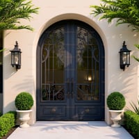 Arched Double Doors With Ornate Metal Framework and Dark Wood Design