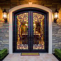 Elegant Arched Double Doors With Wrought Iron Vine Design