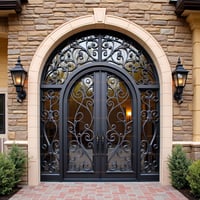 Arched Black Metal and Glass Double Door With Intricate Metalwork Design